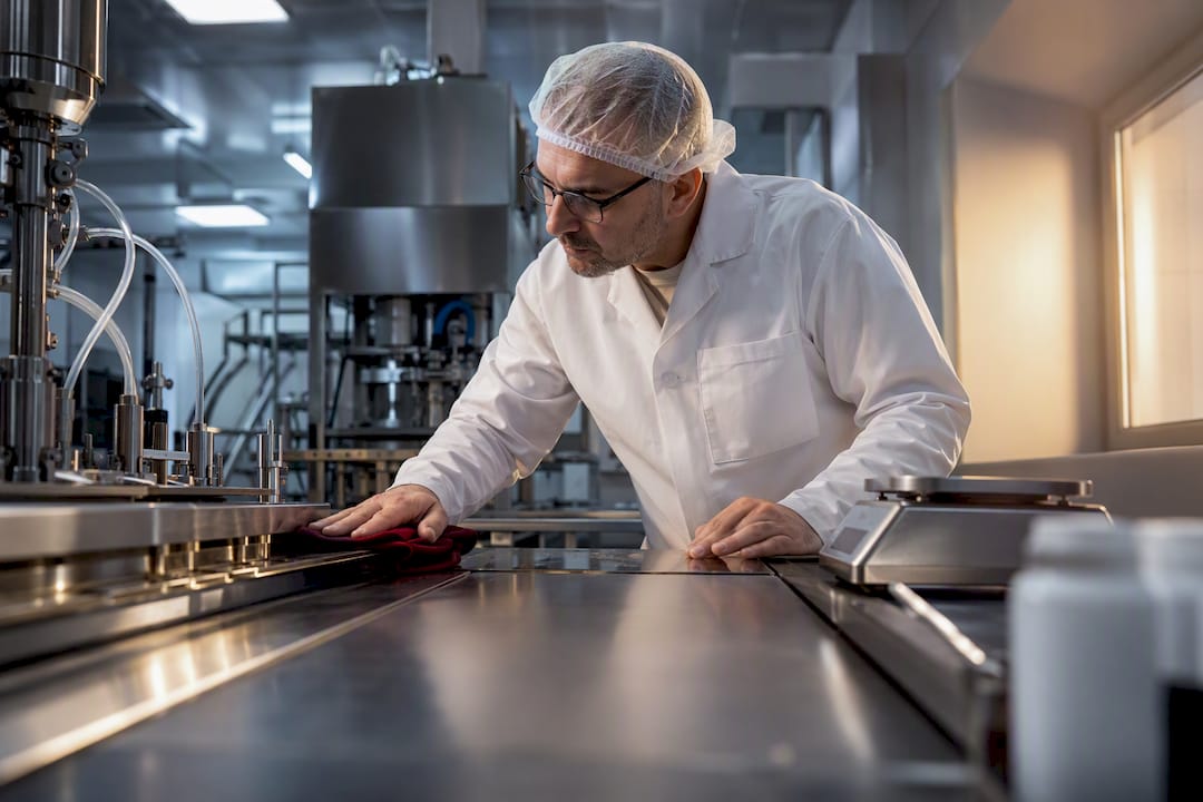 Technician inspecting supplement manufacturing equipment