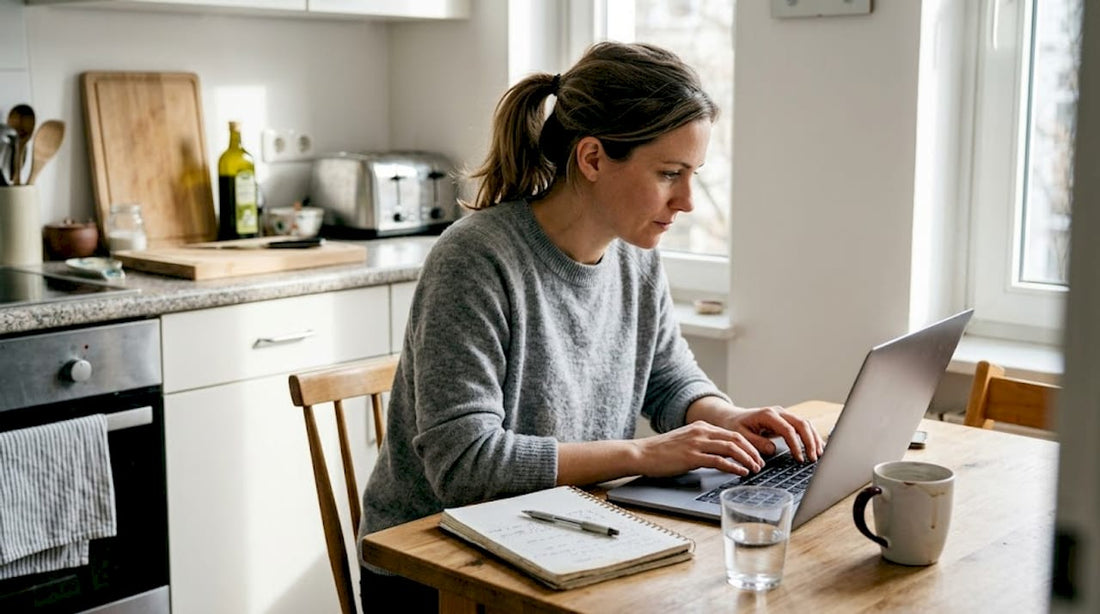 Woman working at kitchen table with laptop and coffee mug