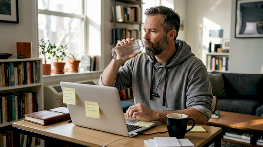 Man starts daily workflow in home office