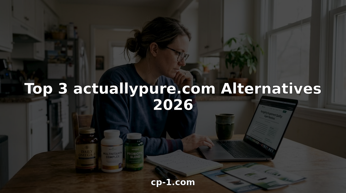 Woman comparing supplement bottles in bright kitchen
