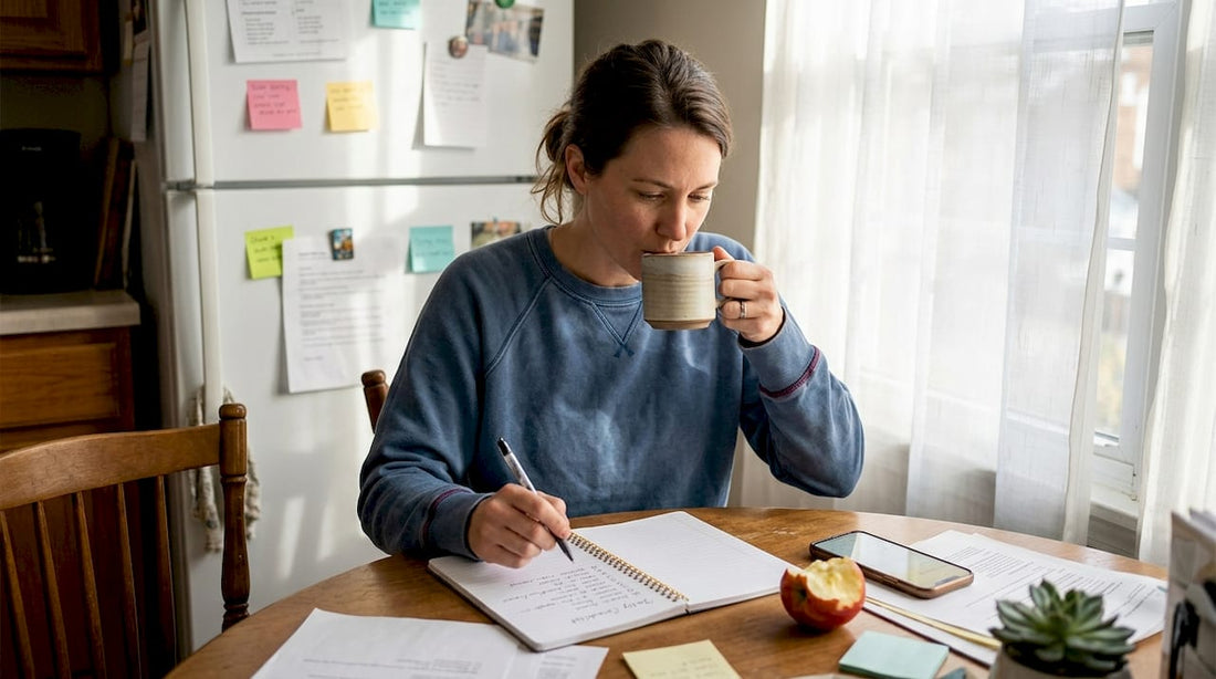 Woman reviewing daily wellness checklist at kitchen table