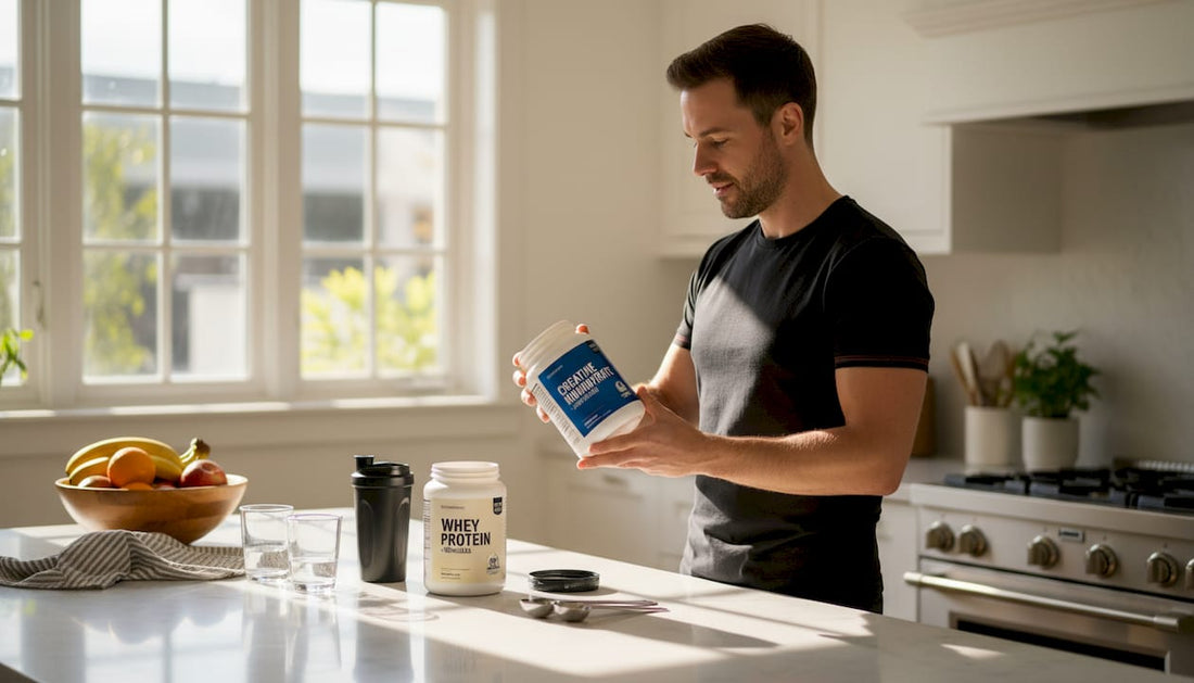 Man checking bodybuilding supplement label at kitchen