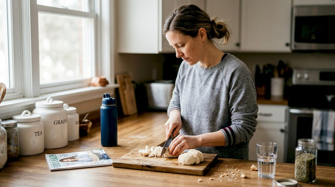 Woman preparing Lion’s Mane mushrooms in kitchen