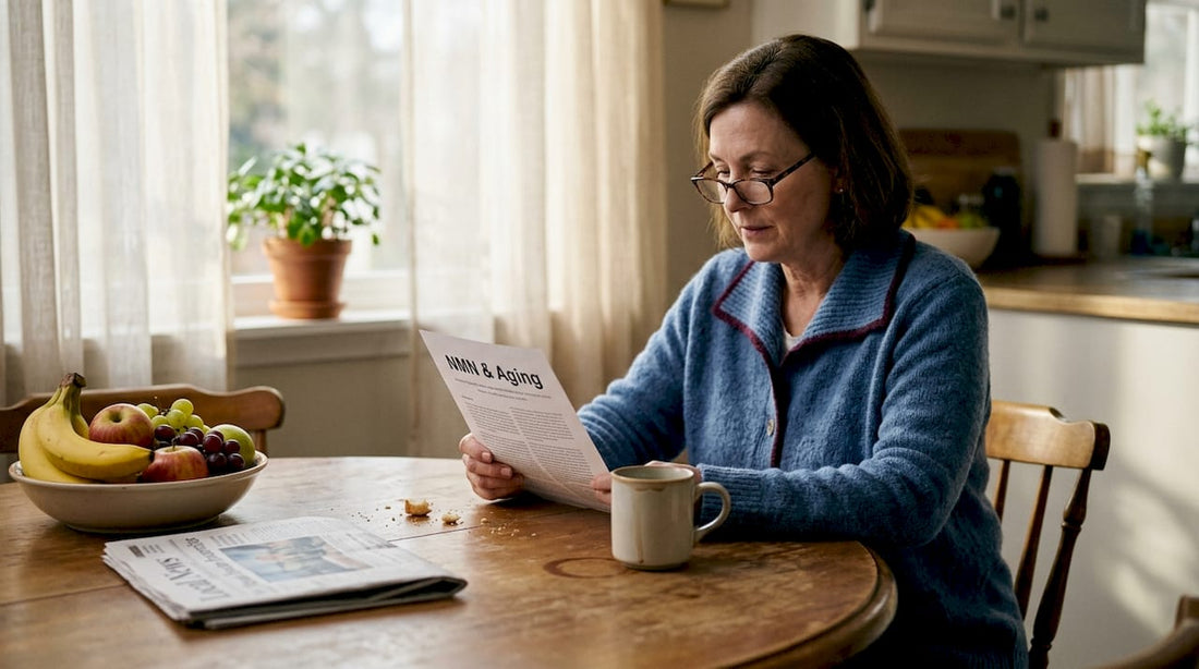 Woman reading science article at kitchen table