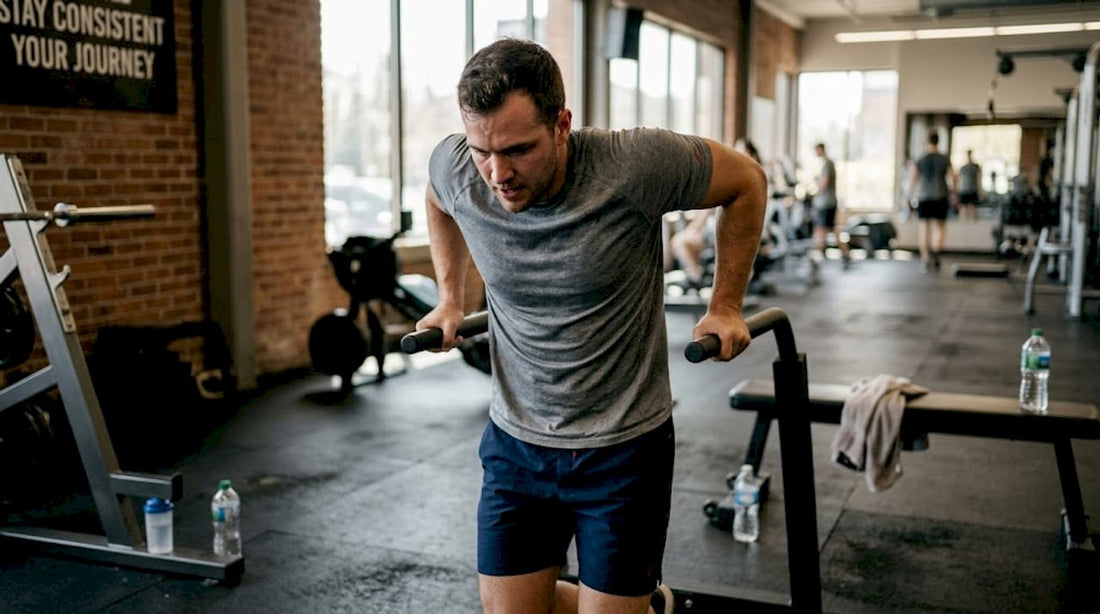 Man performing dips in city gym
