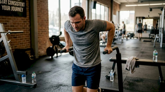 Man performing dips in city gym