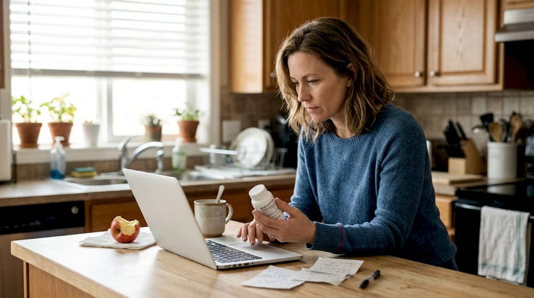 Woman reading supplement label at kitchen counter