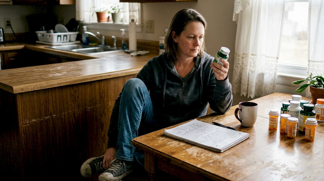 Woman reading supplement label at kitchen table