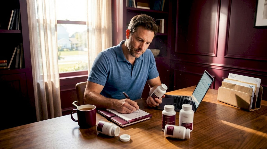 Man comparing supplement bottles at home office table