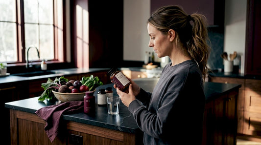 Woman reading mushroom supplement label in kitchen