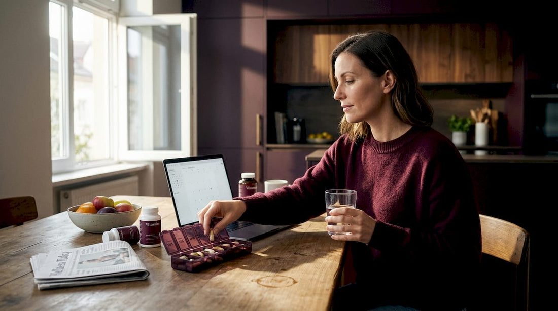 Woman taking daily supplements at kitchen table