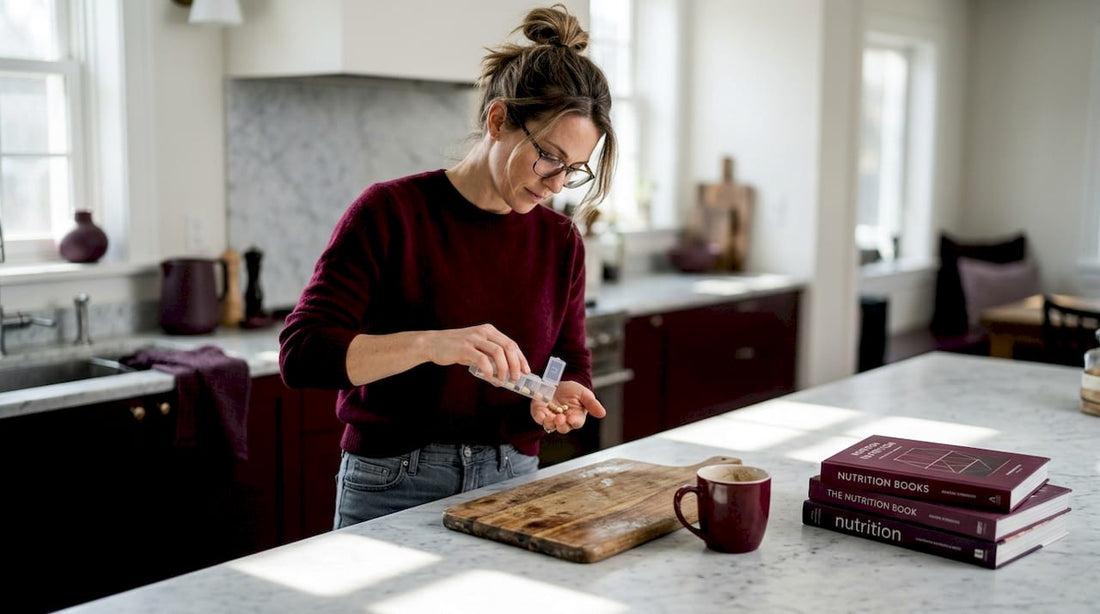Woman sorting supplements in home kitchen