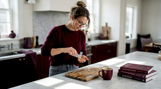 Woman sorting supplements in home kitchen