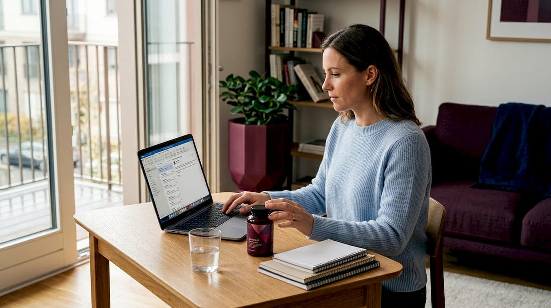 Woman researching supplements at desk in living room
