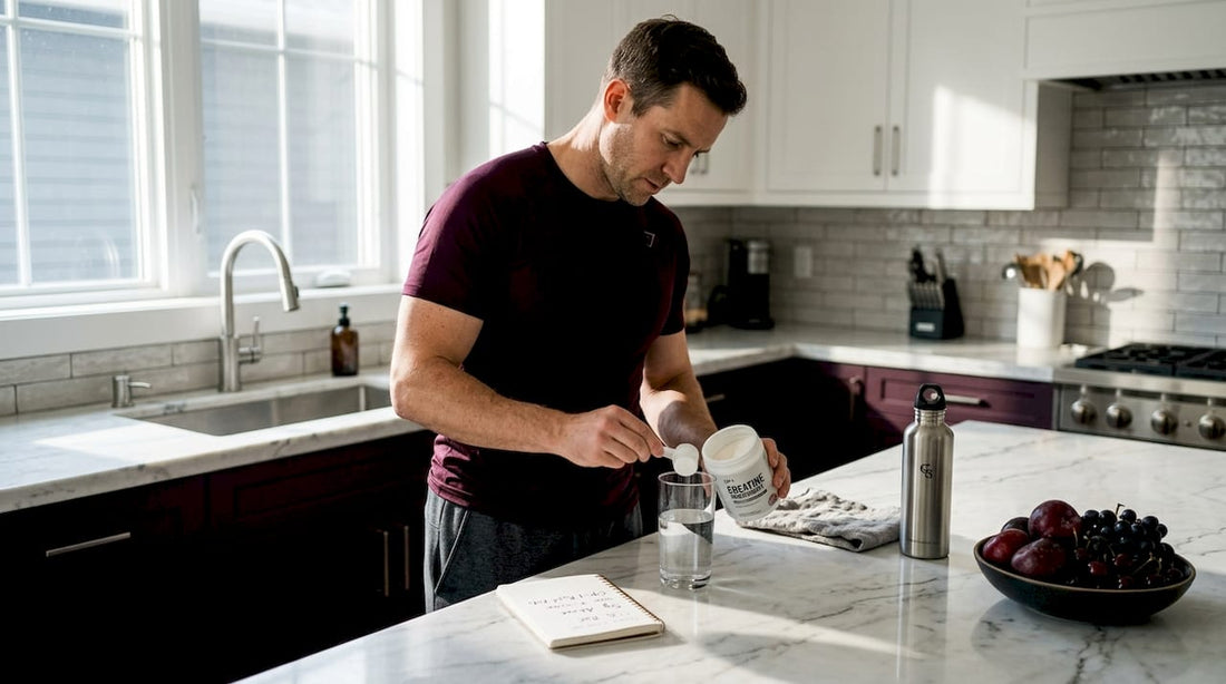 Man measuring creatine powder in a home kitchen