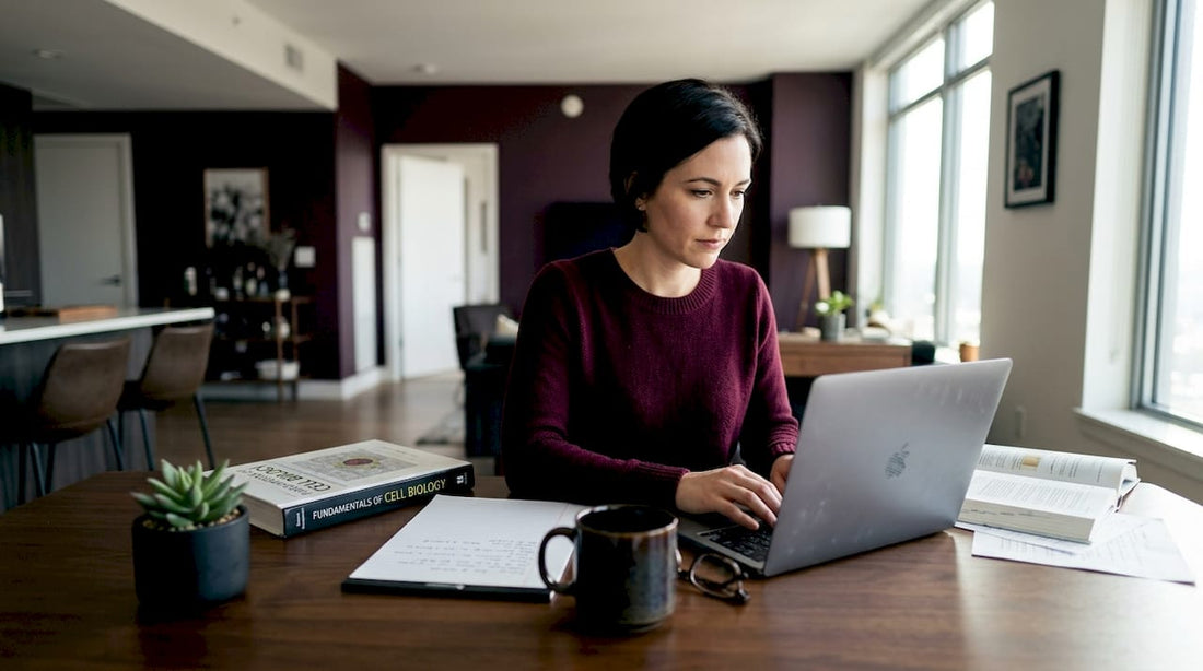 Woman studying NAD plus at home workspace