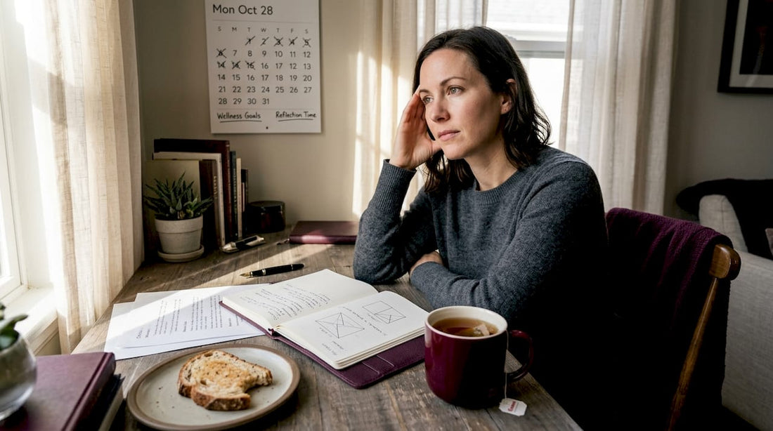 Woman pausing in thought at home desk