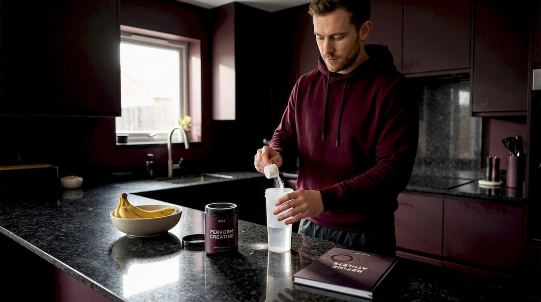 Man preparing creatine drink in morning kitchen