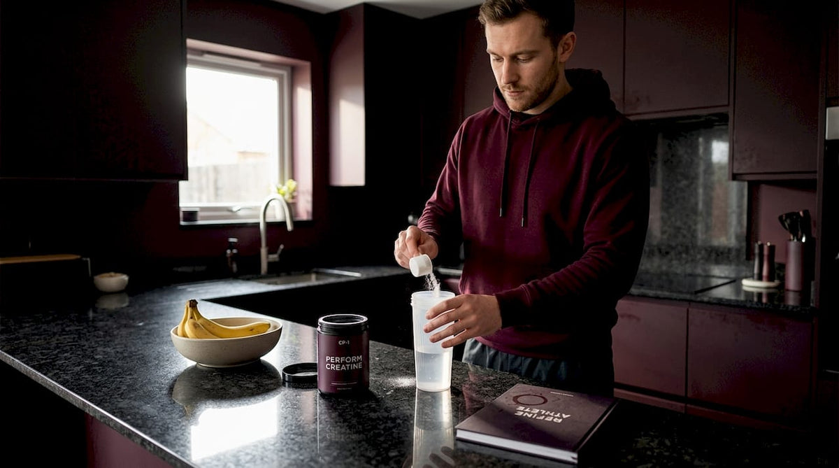Man preparing creatine drink in morning kitchen