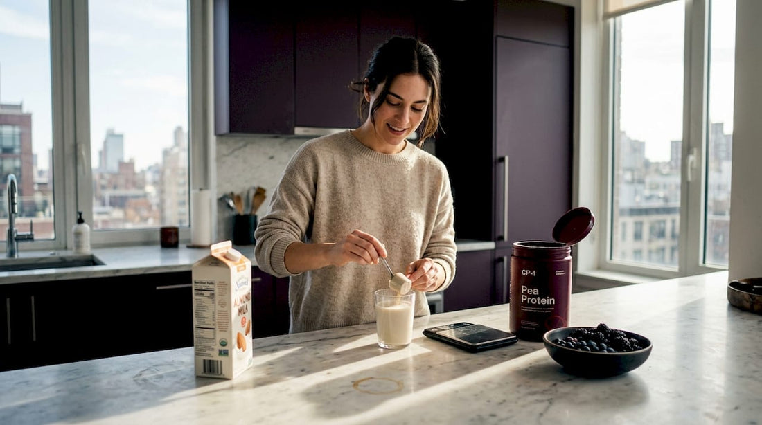 Woman mixing pea protein in bright kitchen