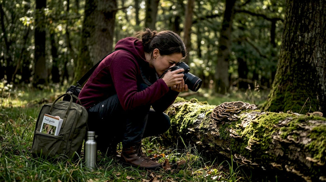Nature enthusiast photographing turkey tail mushrooms