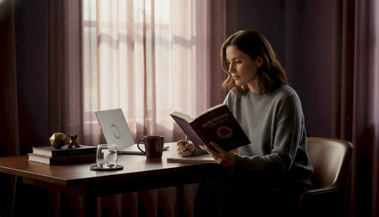 Woman reading neuroscience book at desk