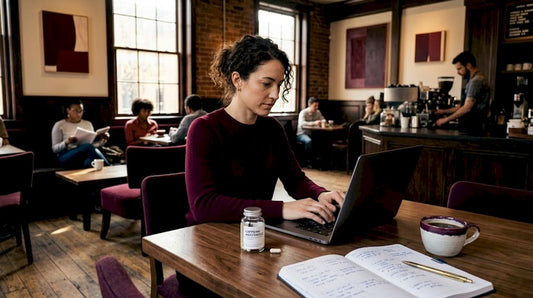 Woman working with caffeine capsule at home table