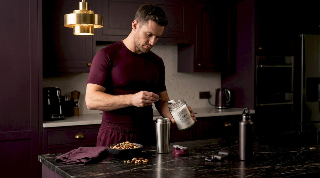 Man preparing pre workout in home kitchen