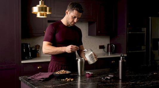 Man preparing pre workout in home kitchen