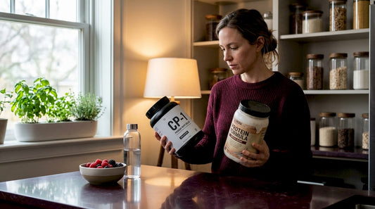 Woman inspecting protein powder containers in kitchen