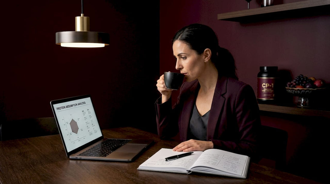 Nutritionist reviewing protein absorption research at kitchen table