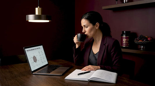 Nutritionist reviewing protein absorption research at kitchen table