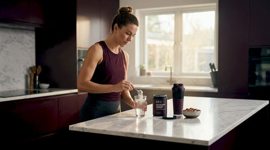 Woman preparing micronized creatine in home kitchen