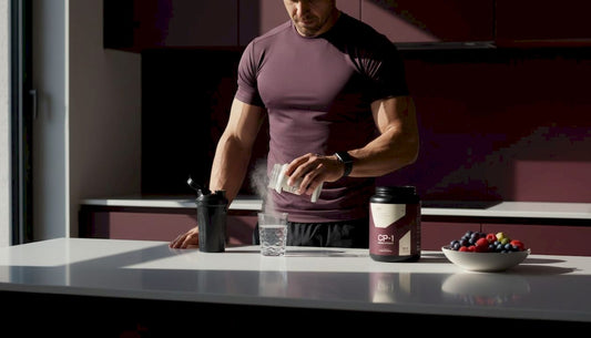 Athlete measuring supplement at kitchen table