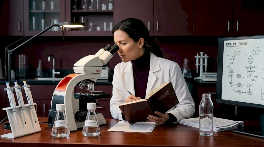 Scientist studying cell NAD+ in laboratory