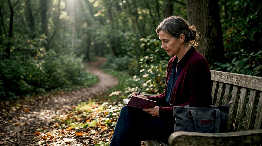 Woman reflects and writes at city park bench