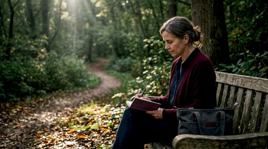 Woman reflects and writes at city park bench