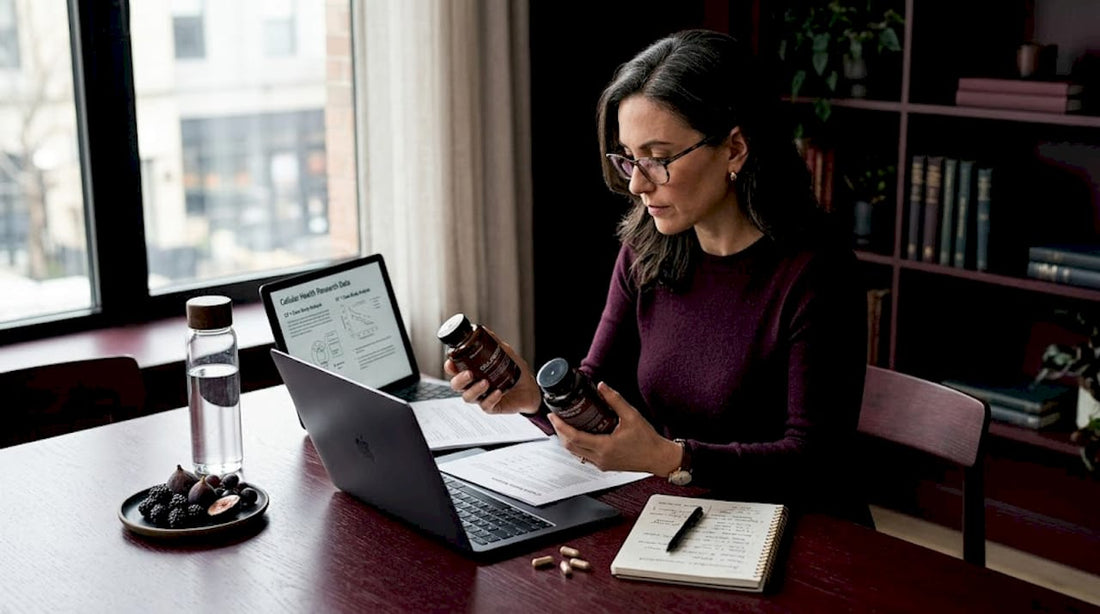 Person researching supplements at kitchen table