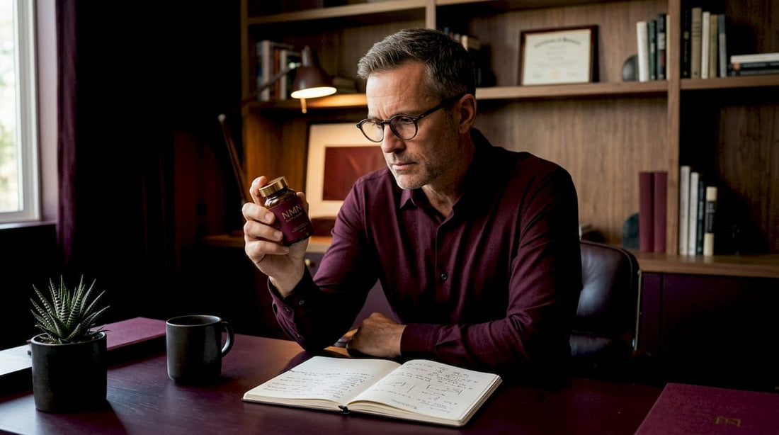 Man reading NMN bottle at desk
