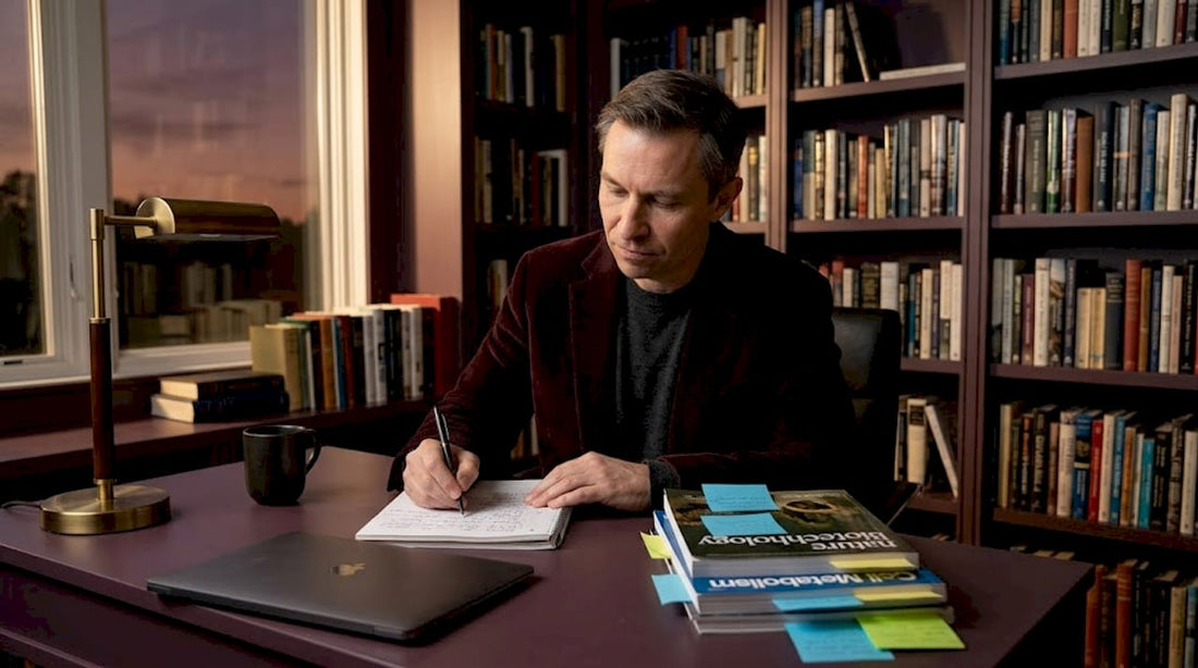 David Sinclair working in book-filled study