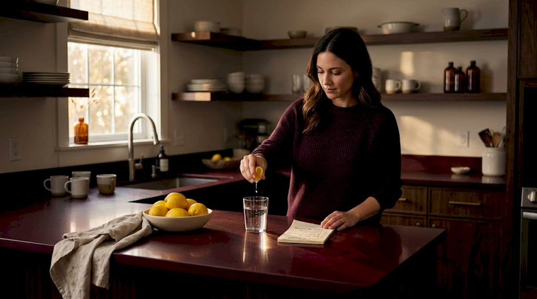 Woman making morning drink in sunny kitchen