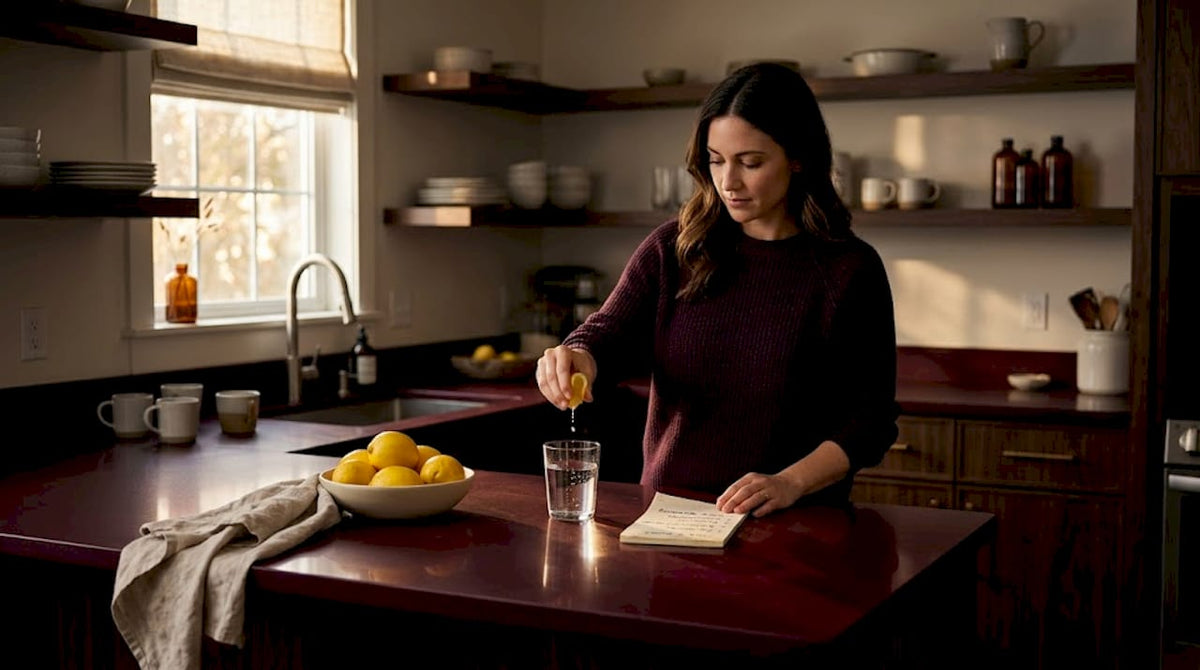 Woman making morning drink in sunny kitchen
