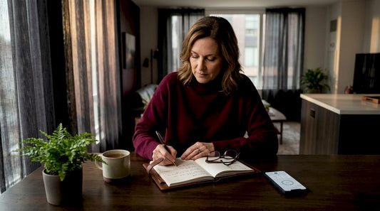 Woman journaling health goals at kitchen table