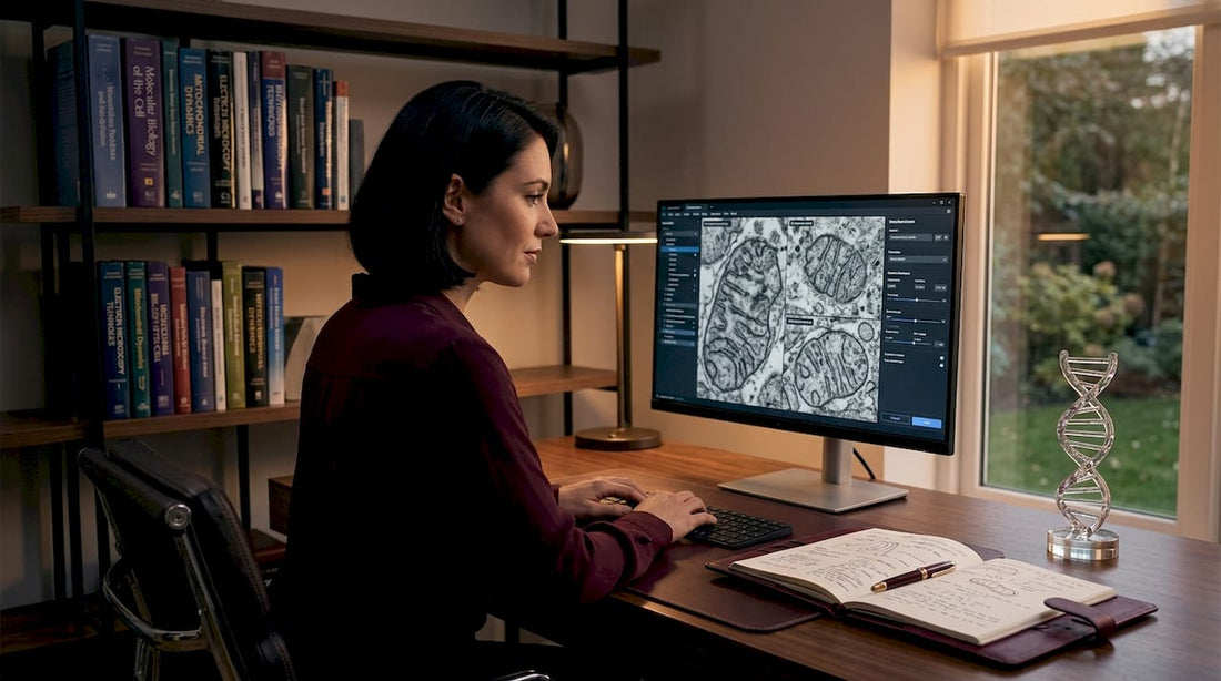 Biologist studying mitochondria images in home office