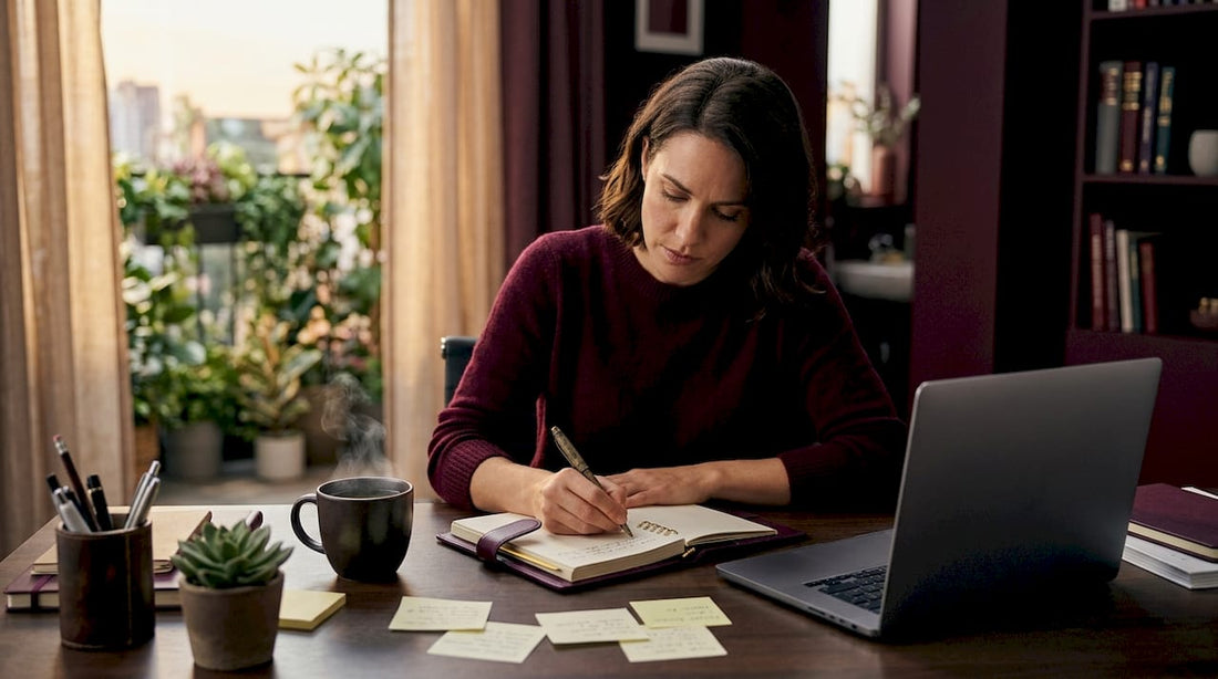 Woman focusing in home office writing notes