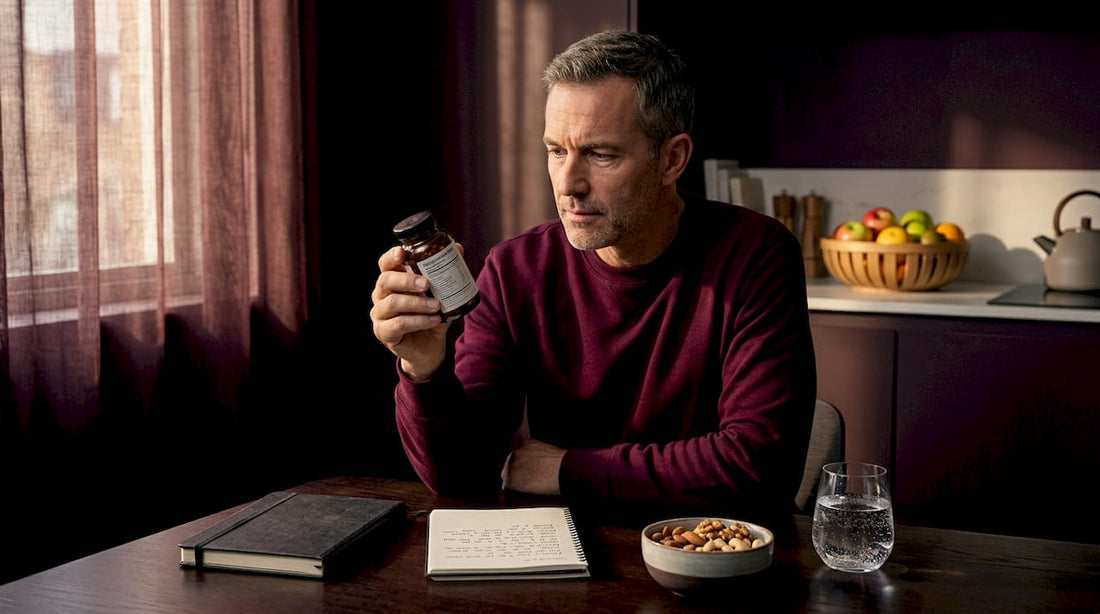 Man reviewing energy supplement label at kitchen table
