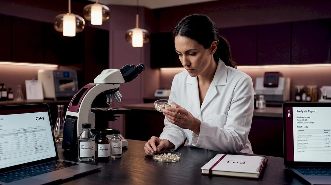 Scientist inspecting supplement capsules in laboratory