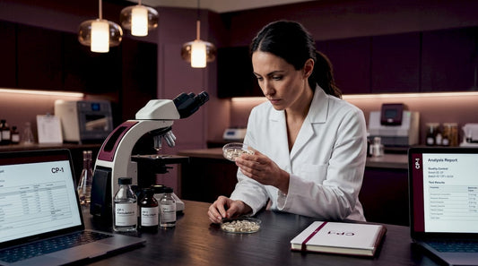 Scientist inspecting supplement capsules in laboratory