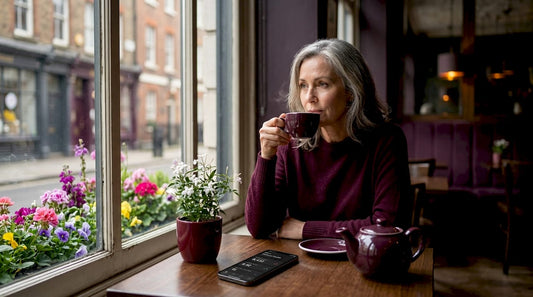 Woman enjoying morning sunlight and herbal tea