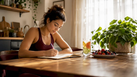 Woman journaling natural energy checklist at kitchen table